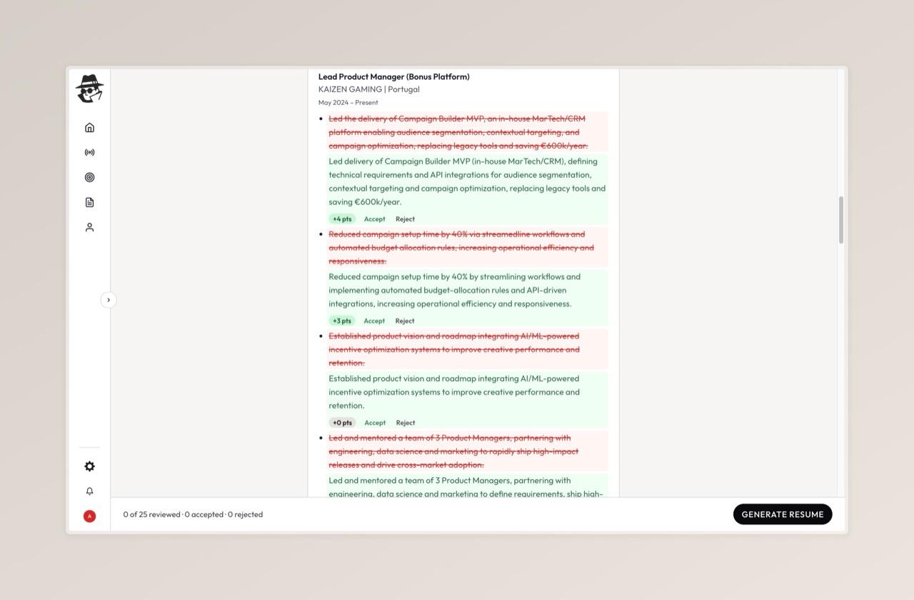 ResumeAgent approve and reject controls for every change
